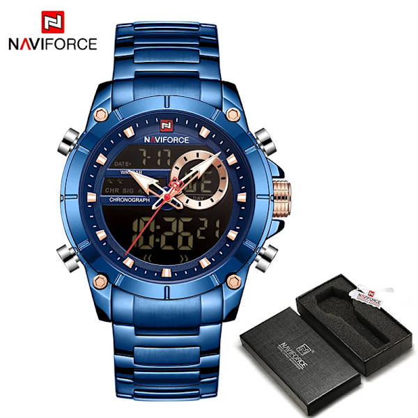 NAVIFORCE Luxury Original Watch för män Kvartsstål Vattentät Dual Display Modeklockor Relogio Masculino 9163 BEBE BOX