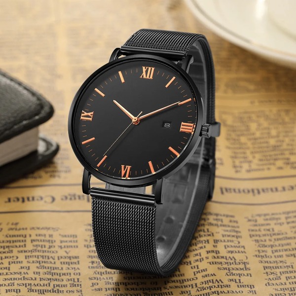 Ultratunn svart Lyxmode Herr Minimalistiska klockor Rostfritt stål Mesh - watch Herr Business Casual Analog Quartz klocka A-J