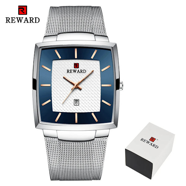 REWARD Mode Blå Herrklockor 2023 Ny Topp Watch Herr Business Vattentät Quartz Armbandsur i rostfritt stål Silver Blue(.405)