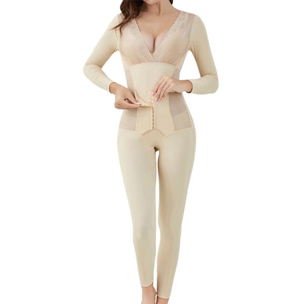 Hellängd Shapewear Bodysuits Kvinnor Kroppsformare Bantning Underkläder Spets V-ringad Sexig kropp Öppen gren Beige M