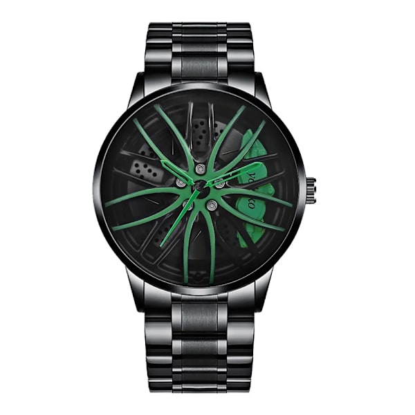 Watch för män för vattentät vakuumplätering med bilhjulsfälgnavdesign sportautomatiskt armbandsur YK354 Green