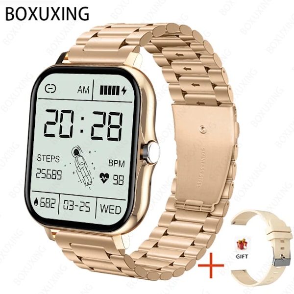 Ny Bluetooth samtal Watch Män Kvinnor Sov Puls Blodtryck Sport Smart Klocka Mode Dam Smartwatch Kvinna steel belt gold(.1093)