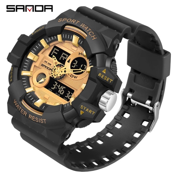 SANDA Ny Sport Digital Watch Herr Stor Urtavla Multifunktion LED-ljus 50M Vattentät Watch För Herr Relogio Masculino black gold