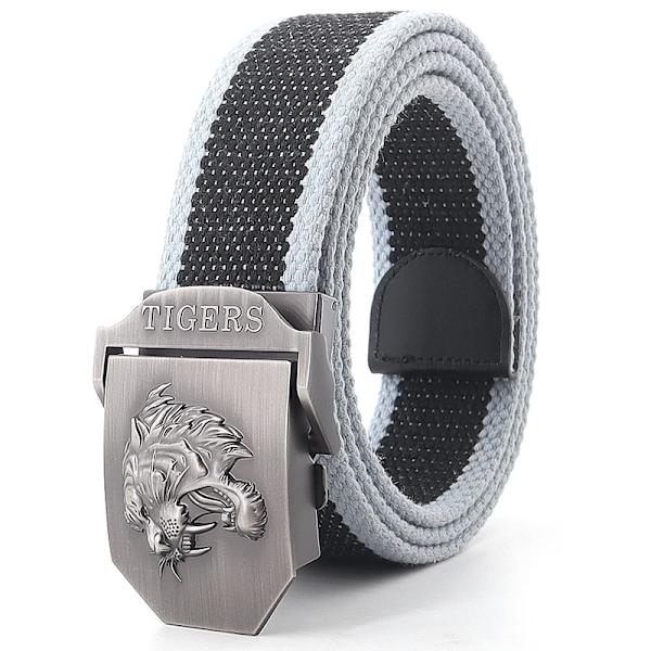 Ny canvas utomhus taktiskt armébälte 3D tigerhuvud Emblem metallspänne unisex jeansbälte för män Militärbälte Man sportrem Black gray edge 130cm