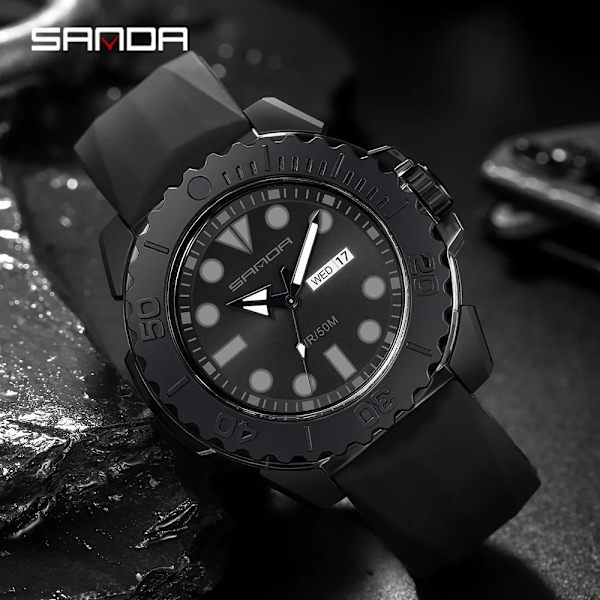 SANDA Brand Luxury New Herr Silikon Watch 50M Vattentät Datumkalender Business Quartz Klockor Relogio Masculino dark green