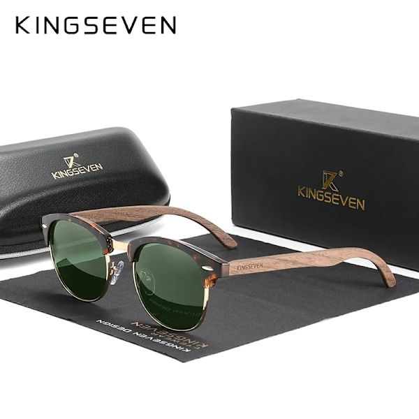 KINGSEVEN Handgjorda 2022 svarta valnötssolglasögon av trä för män Polariserad UV400-skydd Halvbåglös retroglasögon Dam Oculos Green G15 Original
