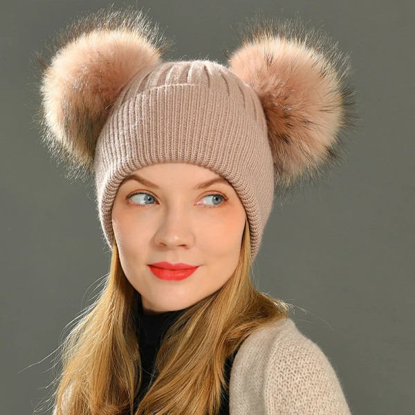 Dubbel Pompom-mössa för kvinnor, vintermössor, stickade mössor, mössor, beanies, flickor, två pompom-mössa Green natural fur