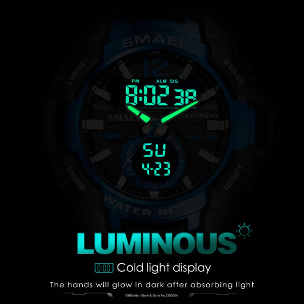 SMAEL Dual Time Army Watch för män Lysande Vattentät Quart Digital Armbandsur Väckarklocka LED Bakgrundsbelysning Kalender 1805 Khaki