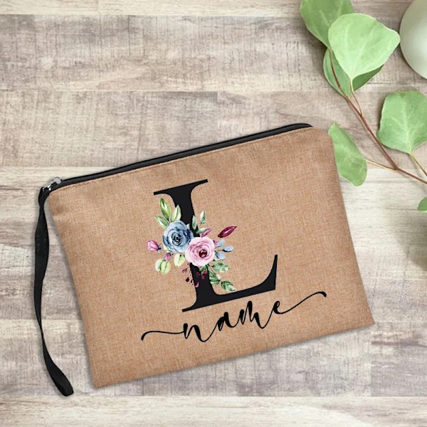 Personligt namn Kvinnor Sminkväska Alfabet Blommor Canvas Kosmetiska fodral Handväska Utomhusfest Bröllopspresenter Kawaii Makeup D4blackfH