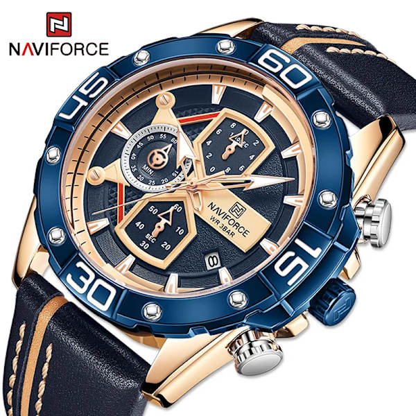 NAVIFORCE Sportklockor för män Lyxmärke Militär Vattentät Watch i äkta läder Man Klocka Kronograf Watch RGBEBE-BOX