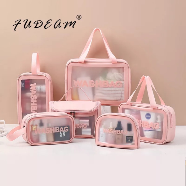 FUDEAM Transparent PVC kosmetisk väska för kvinnor Vattentät resor Toalettartiklar Förvaring Organisera PU sminkväska Kvinnlig tvättväska Handväska Large White C