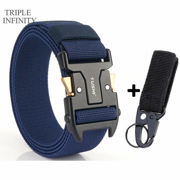 2022 Luxury Metal Quick Release Pluggbart spänne Elastiskt Herrbälte Slitstarkt Taktiskt Bälte Cowboy Utomhus Stretch Midjeband Jakt Blue Belt Set 125cm Adjustable