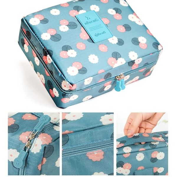 Rese-sminkväska Toalettartiklar Organizer Vattentät kosmetikaväska Multifunktion Rese-toalettväska Fodral Kapacitet Påse Girl Box blue flower