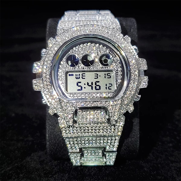 Hip Hop MISSFOX Helt Iced Out Herrklockor Digitalt rostfritt stål Mode Lyx Diamond Quartz Armbandsur AAA Classic Watch V304-GG