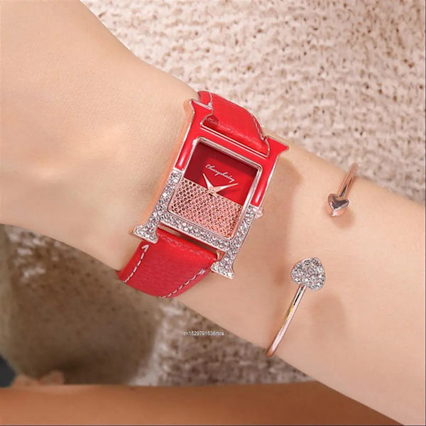 Rektangel Elegant Kvinnor 2022 Modeklockor Diamant Lyx Läder Dam Quartz Watch Kvaliteter Kristallurtavla Kvinnlig klocka White