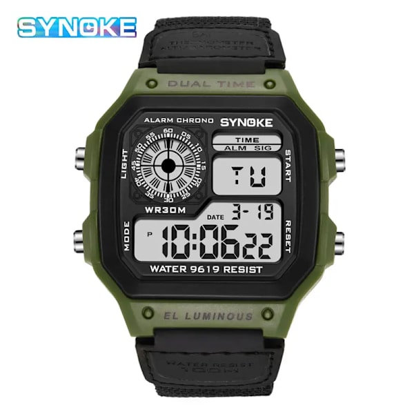 SYNOKE Digital Watch för män Led Vattentät Man Nylon Klockor Lyx Sport Man Armbandsur Stor väckarklocka Relojes Deportivos Green dial-black