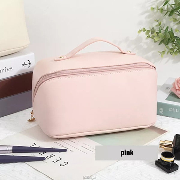 Skönhetsväska med stor kapacitet Bärbar sminkpåse i läder, vattentät badrumstvättväska, multifunktionell toalettartiklar pink-no logo