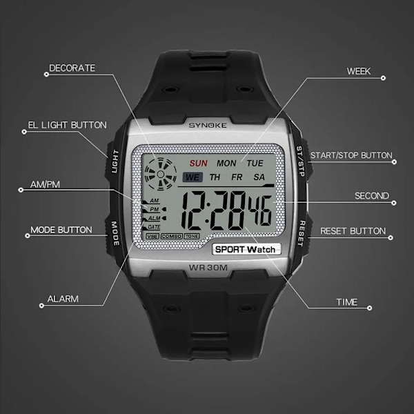 SYNOKE Digitala klockor för män Utomhussport Mode Multi Vattentät Stor urtavla Lysande armbandsur Väckarklockor män Black