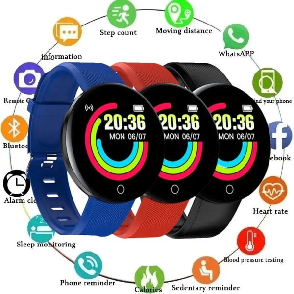 Smart Watch D18 Upgrade Herr Dam Smartwatch Armband Puls Blodtryck Fitness Tracker Sport Smartband För IOS Android Blue