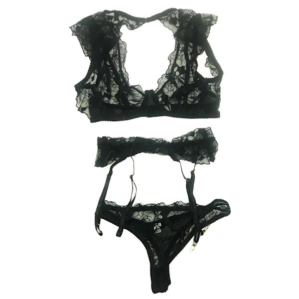 YBFDO Underkläder Set För Kvinnor Lyxiga Blommor Sexiga Broderier Mesh Bygel Strumpeband Alla hjärtans dag Hot Femme Black L
