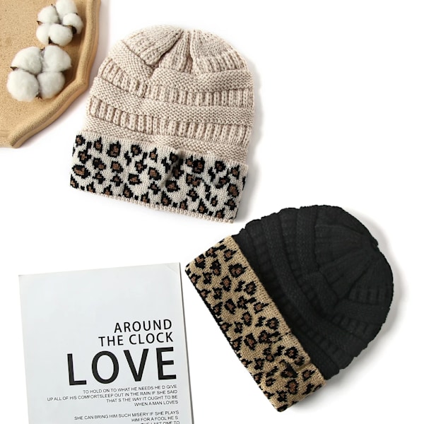 10 Färger Leopard Beanie Kvinnor Stretch Stickad Virkad Beanies Vintermössor För Kvinnor Varma Dam Messy khaki One Size