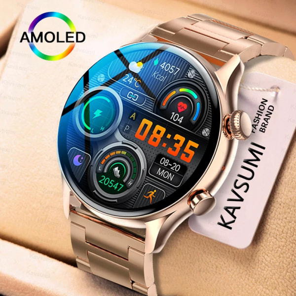 KAVSUMI Smart Watch AMOLED HD-skärm Alltid på display Damklockor Bluetooth Call IP68 Vattentät Sport Fitness Män Smartwatch Golden Steel original box