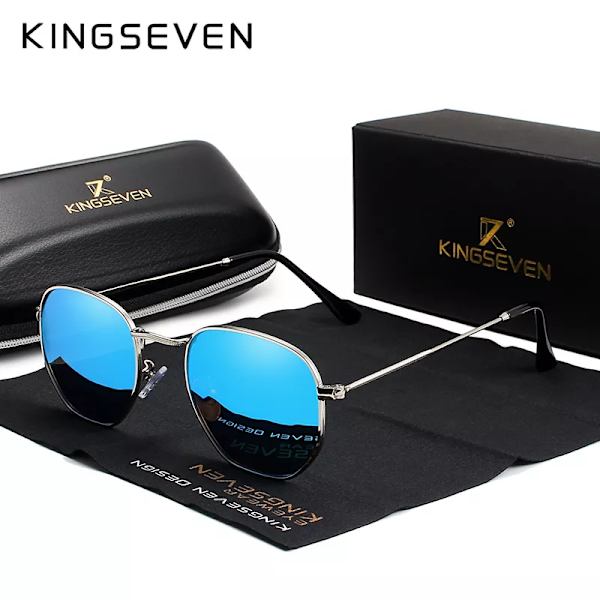 KINGSEVEN 2022 Klassiska reflekterande solglasögon Herr Hexagon Retro Solglasögon Rostfritt stål Glasögon Oculos Gafas De Sol Shades silver Blue Original