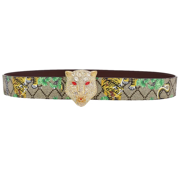 Western Rhinestone Leopard Guld Sliver Metall Spänne Tiger Print Ko Läder Män Bälte Jeans Causal Byxor Rem BF redbee 115cm