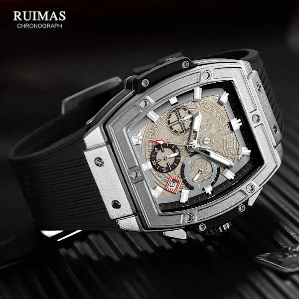 MEGIR & RUIMAS Klockor för män Mode Militär Sport Tonneau Chronograph Quartz Armbandsur med datum 24-timmars 3atm Vattentät Silver