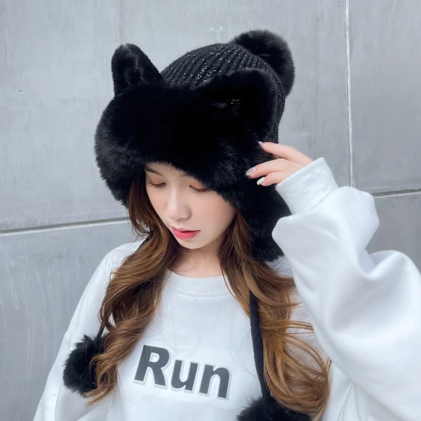 Cokk Vintermössor för Kvinnor Beanie Söta Kattungeöron Stickad Bonnet Femme Tjock Sammet Håll Varma Vintermössa Med Pompom Gorro Ny white 55-59cm