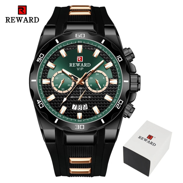 REWARD Fashion Big Dial Watch Herr Toppmärke Lyx Chronograph Silikon Sport Kvartsklockor Vattentät relogio Masculino Black Green(.265)