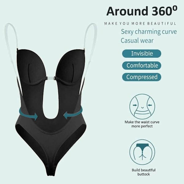Dam Justerbar rygglös BH Shaper BH Body Sömlös stringtrosa Kvinnors djup V-ringad genomskinlig rem för fester Klänningar Underkläder Black M