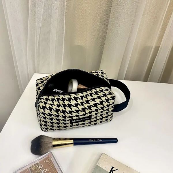 Layrussi Ny Houndstooth kosmetisk väska Klassisk dragkedja Kvinnlig Liten förvaringsväska Casual Bärbar Mini Sminkväska Canvas Handväska Bird grid