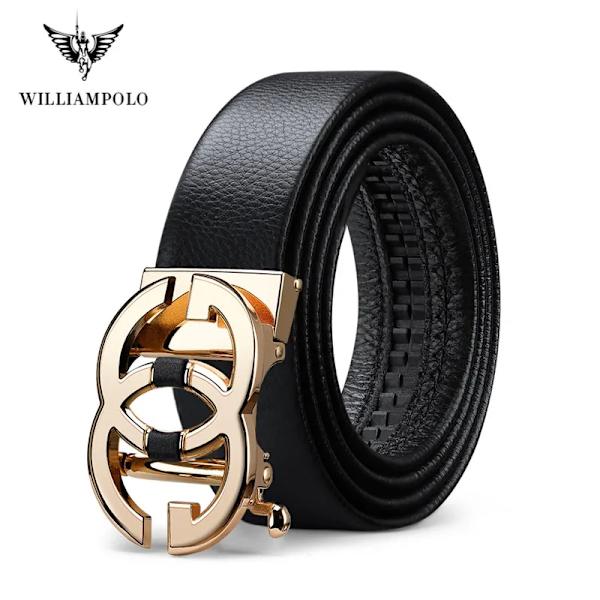 WILLIAMPOLO Herrbälte Herr Högkvalitativt Läderbälte Herr Herrband i äkta läder Lyxigt Automatiskt spänne Modejeans 19930 Gold 120cm
