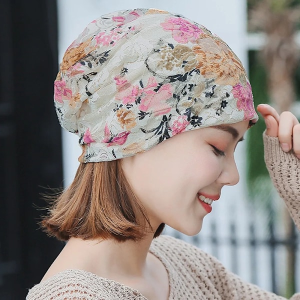 Vårför-Sommar Beanies för Kvinnor Stretch Turban Hattar Mössor Spets Hår Tryck Håravfall Huvud Sjal Wrap Cap Шапка Женская BG One Size