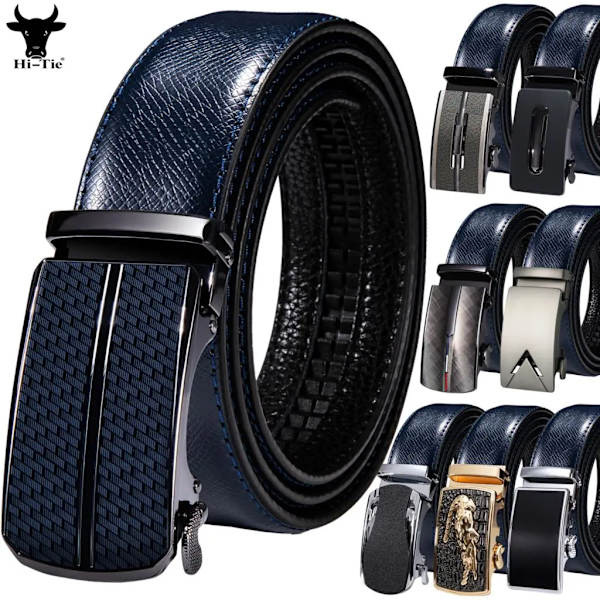Högkvalitativt märke herrbälten blå koläder Automatiska spännen Spärr midjeband Bälte för män Klänning Jeans Kostym Byxor Present 0003DME 130cm