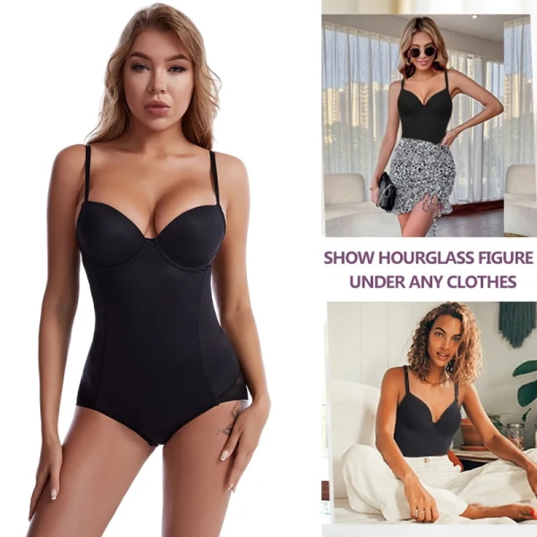 Shapewear Body för kvinnor Magkontroll Kroppsformare med inbyggd BH Kompression Waist trainer Reduktivt slimmande underkläder Black-Lace L