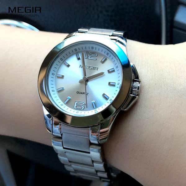 MEGIR Dam enkel rund urtavla kvartsklockor i rostfritt stål Vattentät armbandsur för kvinna MS5006L White