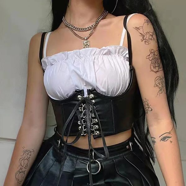 2022 Streetwear Gothic Mörk PU-läder Crop Top Kvinnor Hook Spets Up Punk Style Linne Cummer Bunds Korsett Tops Black