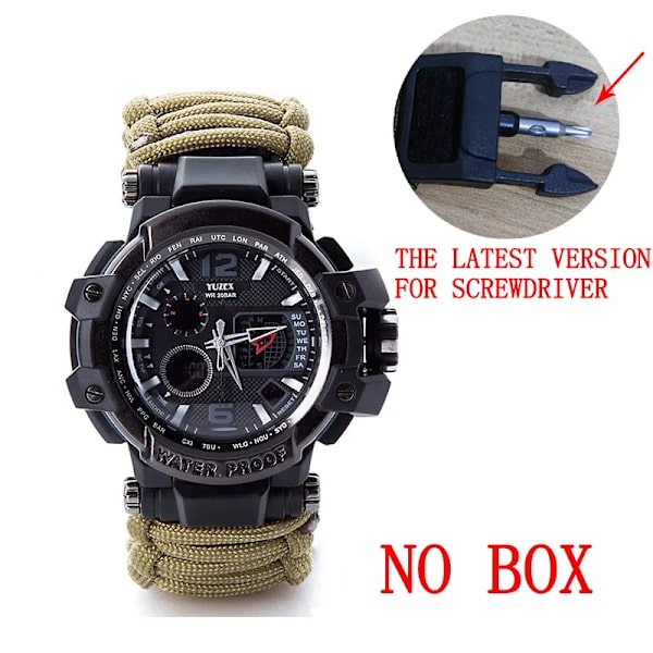 Utomhus Survival Watch Multifunktionell Vattentät Militär Taktisk Paracord Watch Armband Camping Vandring Nödutrustning EDC khaki no box