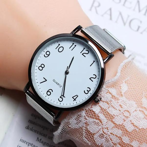 Mode Watch Quartz Steel Mesh Band Enkelt arabiskt nummer Studentklockor Damklocka Reloj Mujer Silver