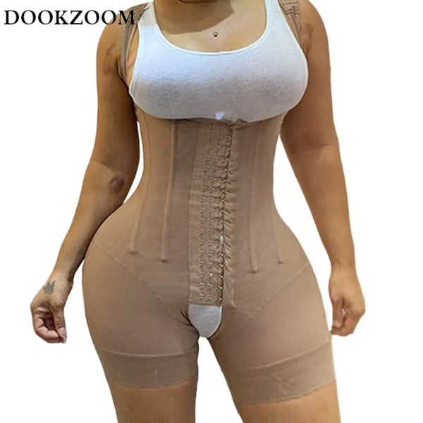 9 Bones Shapewear Body Kvinnor Magkontroll Kroppsformare Högkompressionsplagg Buken Waist trainer Öppen byst Fajas Korsett Beige XL