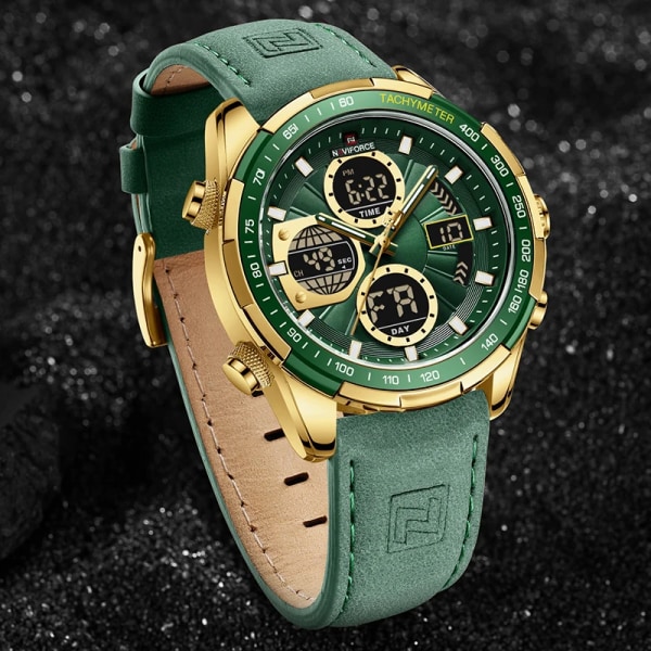 Nya NAVIFORCE klockor för män Läder Herr Militär Sport Vattentät watch Quartz Armbandsur Kronograf Manklocka Gold Green