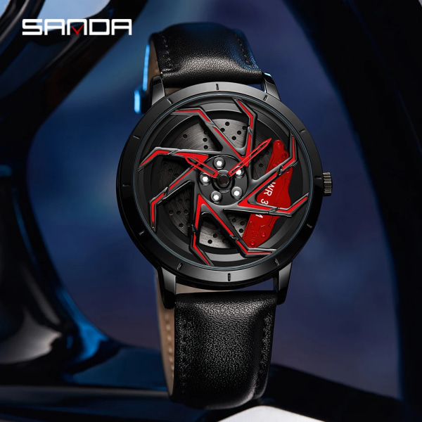 Mode Hot Sell Bilfälg Herr Klockor Rostfritt stål Vattentät watch 360 graders roterande hjul Fälgskiva Quartz Armbandsur leather bk red box(.196)