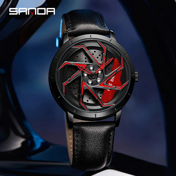 Mode Hot Sell Bilfälg Herr Klockor Rostfritt stål Vattentät watch 360 graders roterande hjul Fälgskiva Quartz Armbandsur Mesh black red box