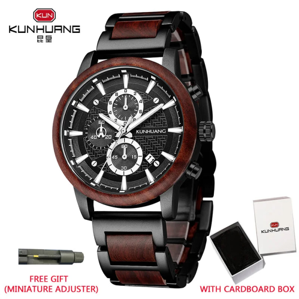 KUNHUANG Träklockor Lyxig lysande multifunktions träkvarts watch för män Mode Sport Klockor Zegarek męski Black red box