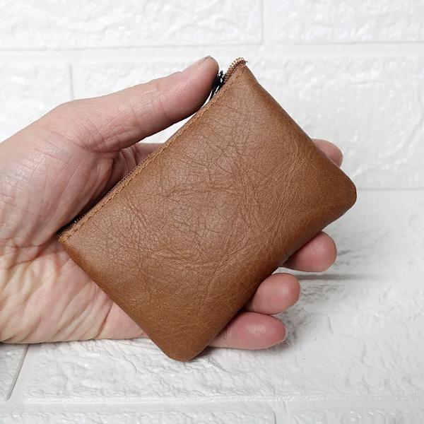 Läder Mini Myntväska Unisex Enkel Bärbar Första Layer Kohud Retro Handgjord dragkedja Liten case Light Brown