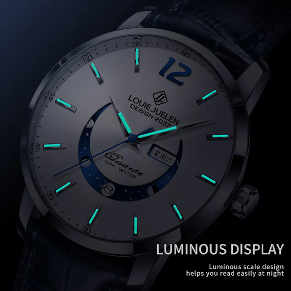 BELUSHI Moon Phase Armbandsur Herr Lyx Topp Märke Vattentät Modekalendervecka Kvarts Presentklocka Sport Lysande Läder SW and BOX