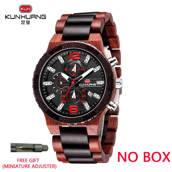 Träklockor för män Lyxig, självlysande, multifunktionell watch Herrkvarts watch Herrmode Sport Klockor Relogio Black Red Wood