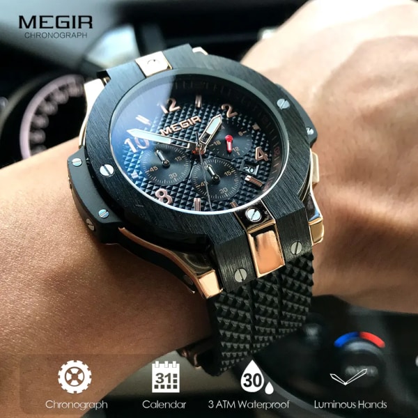 MEGIR Analog Quartz Watch for Herr Mode Chronograph Armbandsur med silikonrem Ljusande händer Automatisk datum 24-timmarsvisning Black